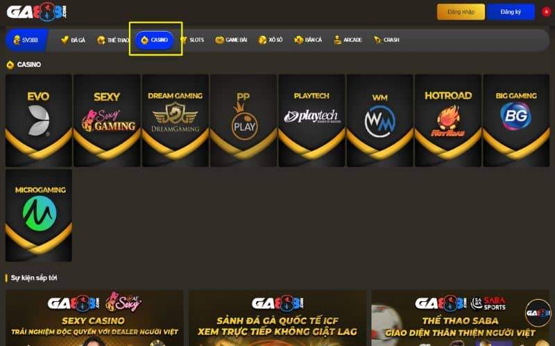 Đăng nhập tài khoản GA888 rồi chọn danh mục Casino