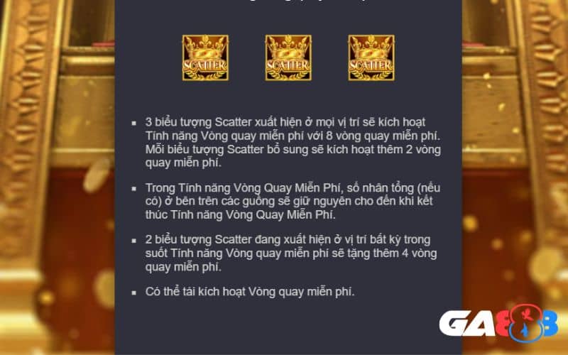 Xuất hiện 3 biểu tượng Scatter sẽ nhận được vòng quay miễn phí Xuất hiện 3 biểu tượng Scatter sẽ nhận được vòng quay miễn phí